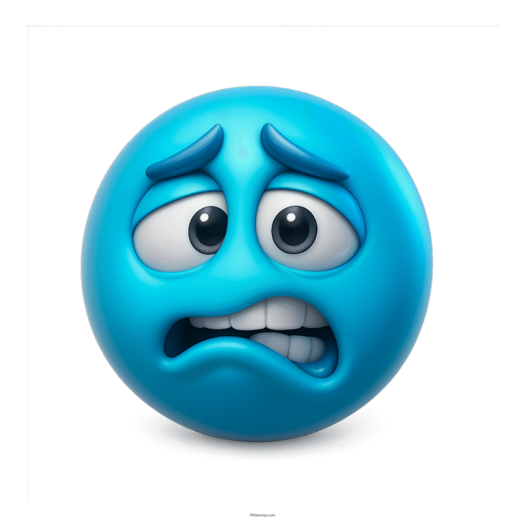 3D blue emoji with quivering lip and scared, nervous cartoon expression