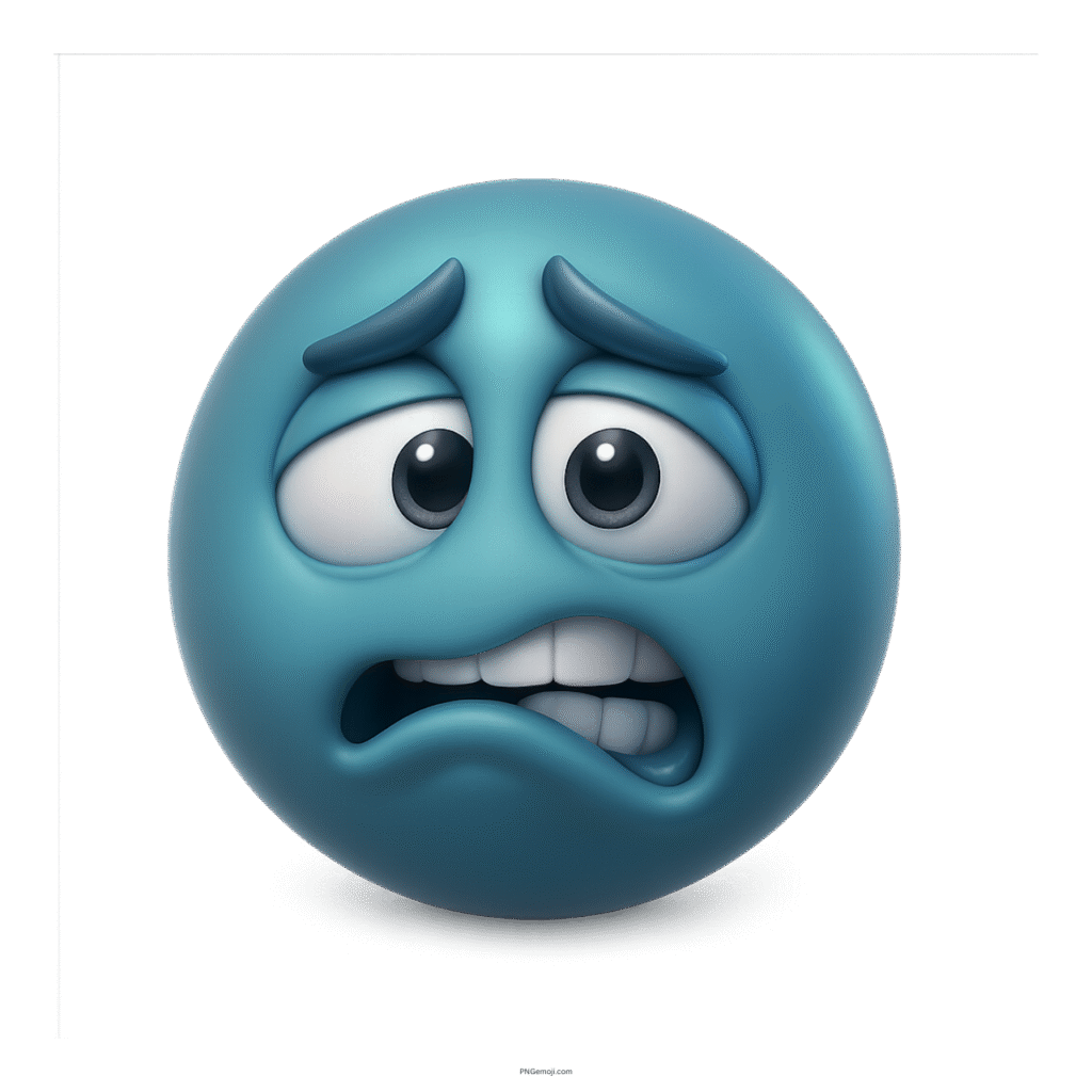 3D teal emoji with scared wide eyes and trembling lip showing anxious emotion