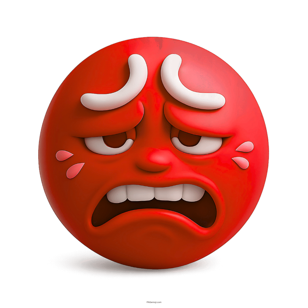 Red 3D emoji showing intense disgusted expression with frown, brows, and teardrops