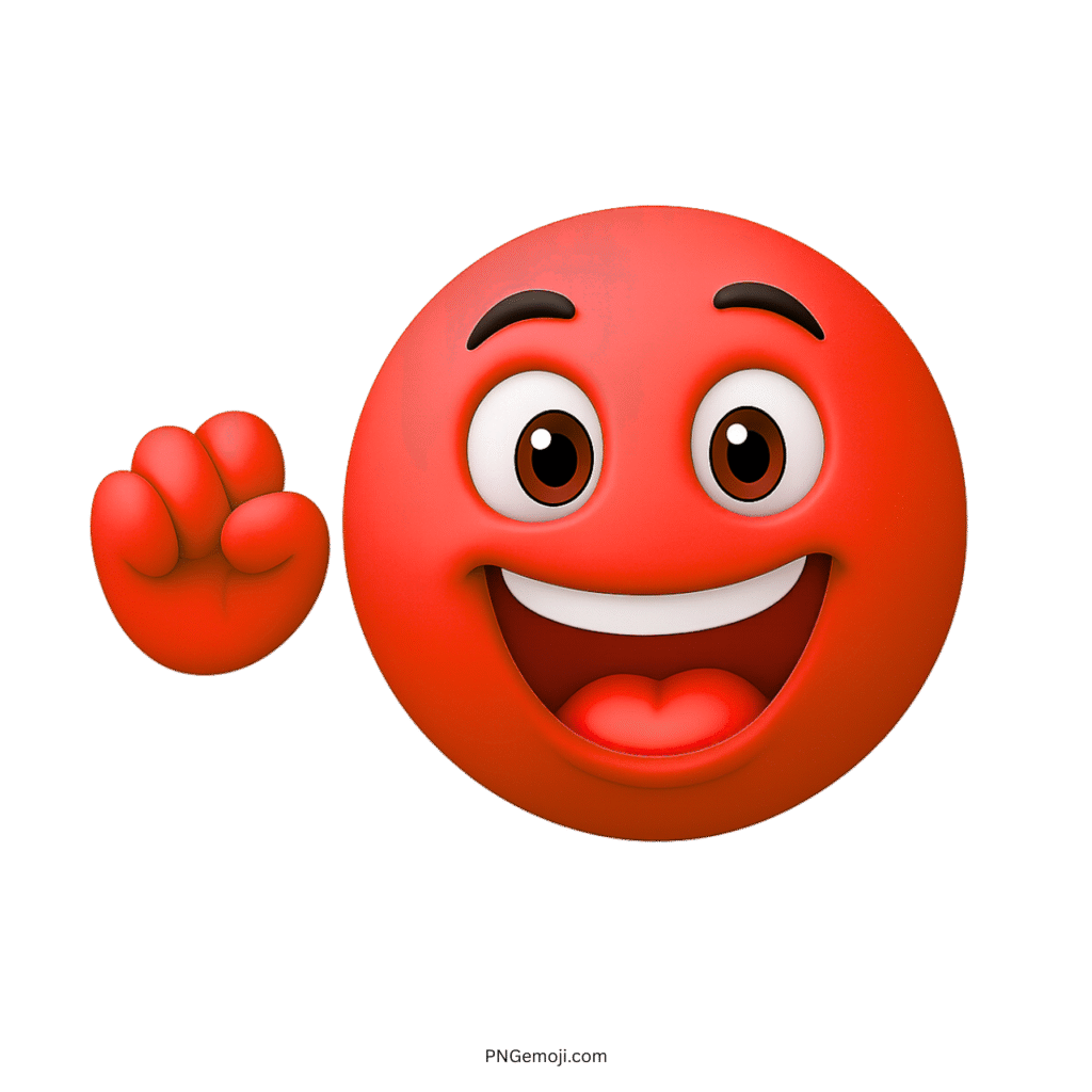 Excited red emoji waving hand with joyful smile and animated facial features