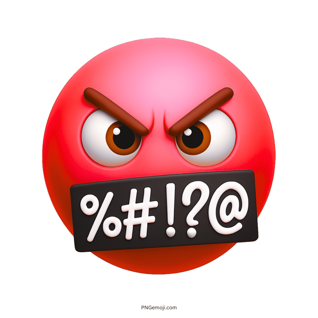 Red angry emoji with censored mouth and white curse symbols showing fury
