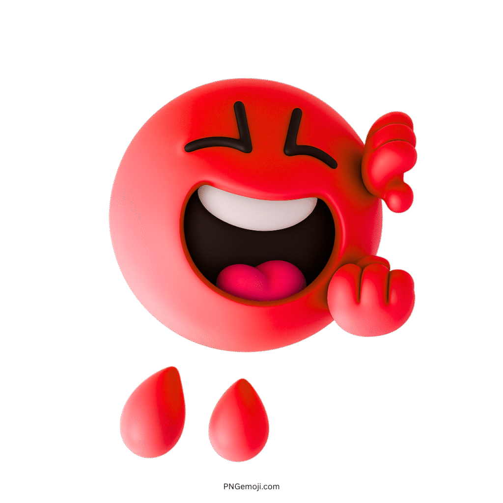 Red 3D emoji laughing uncontrollably with tears and expressive clenched hands