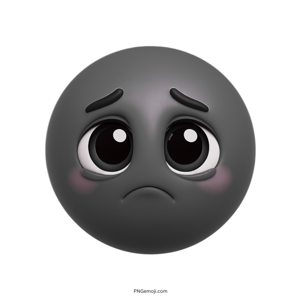 3D sad face emoji with teary eyes and dark gray expression