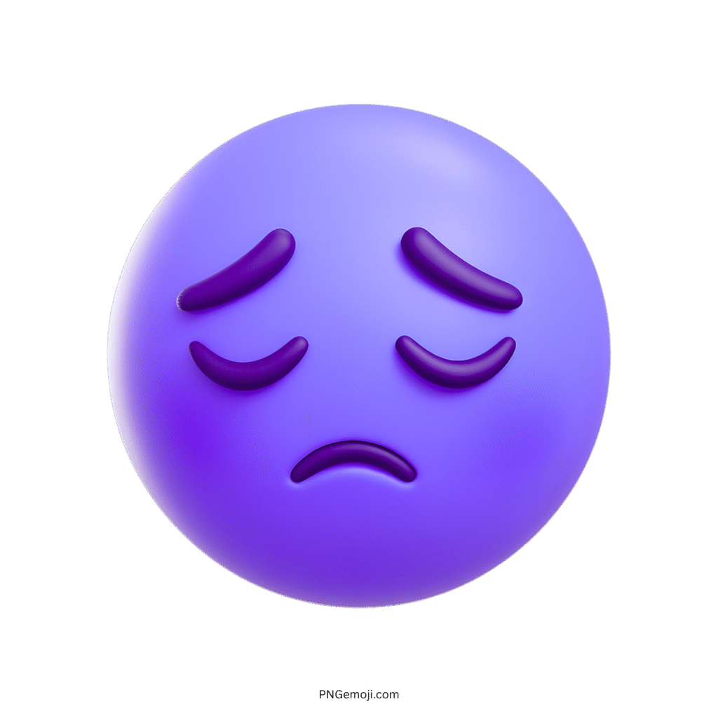 3D sad purple emoji with downturned eyes and frown, transparent background