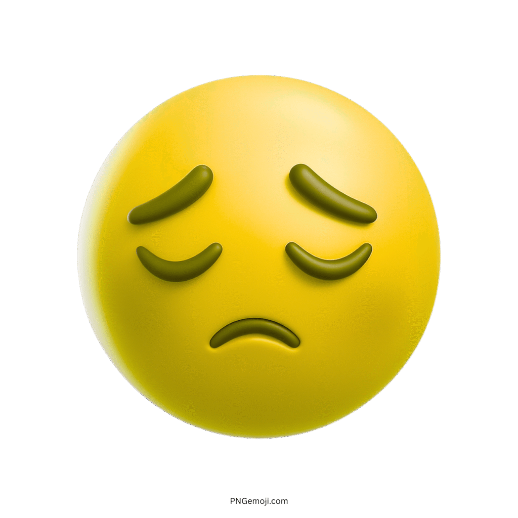 3D sad yellow emoji with downturned mouth and curved eyes, transparent PNG