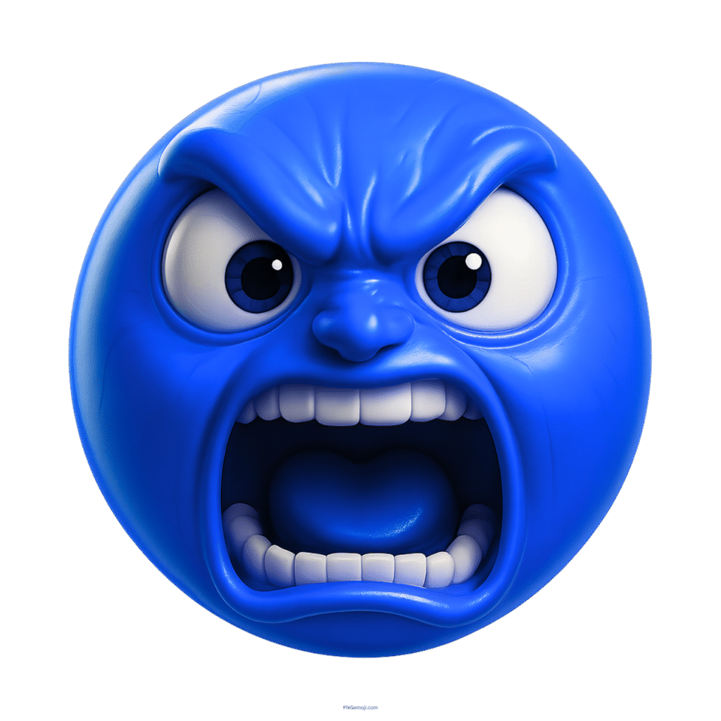 3D angry blue emoji with furious face screaming and showing intense rage expression