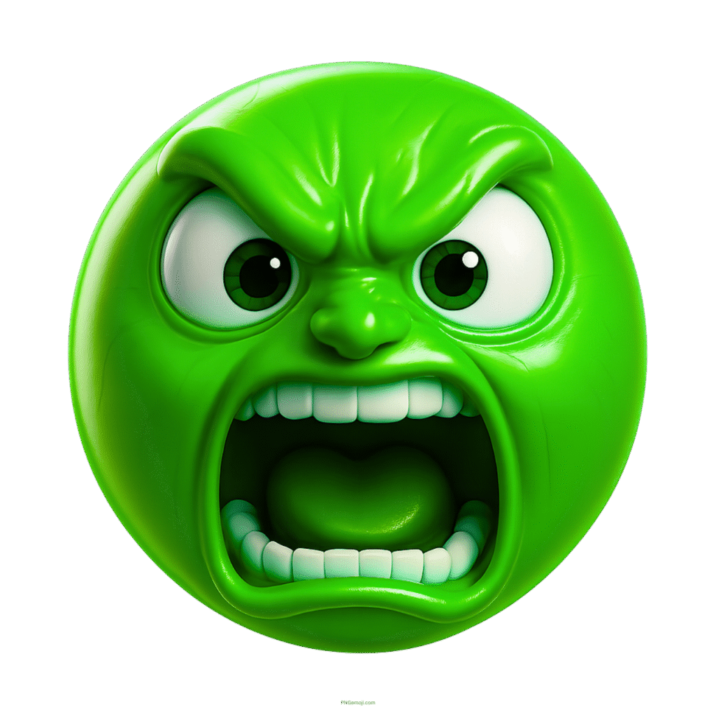 3D green emoji face with aggressive scream, clenched teeth, and angry eyes