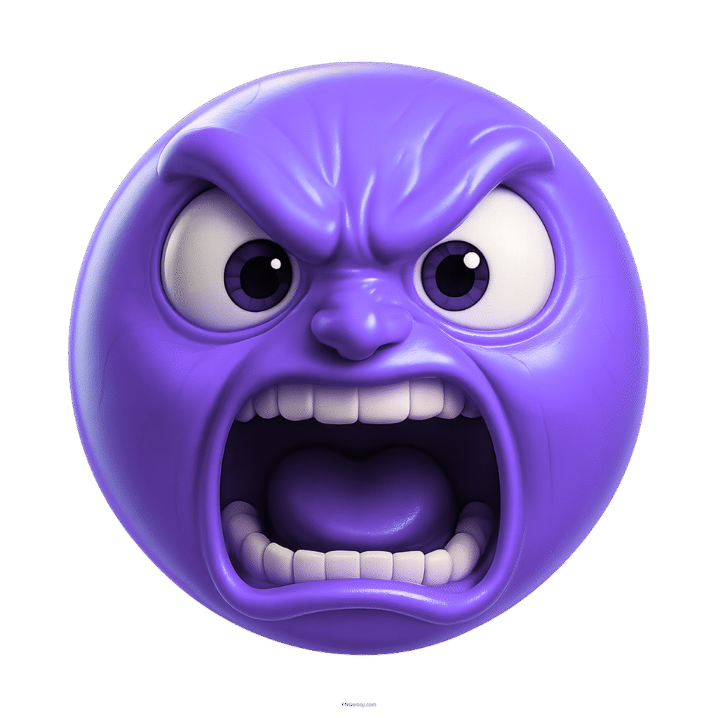 3D purple emoji face yelling in rage with clenched teeth and bulging eyes