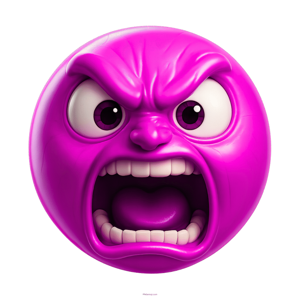 3D purple emoji face yelling in anger with clenched teeth and intense expression