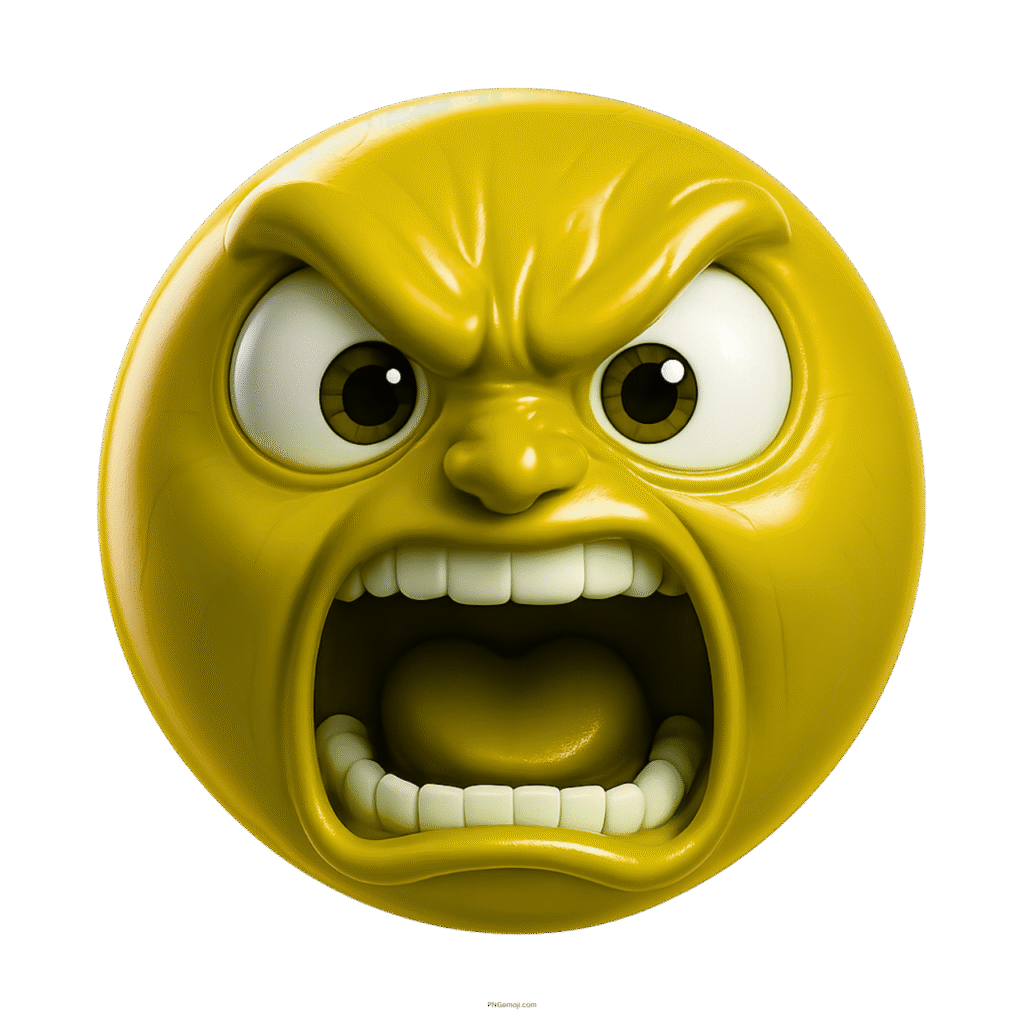 3D yellow emoji face with intense angry scream and expressive wide-open mouth