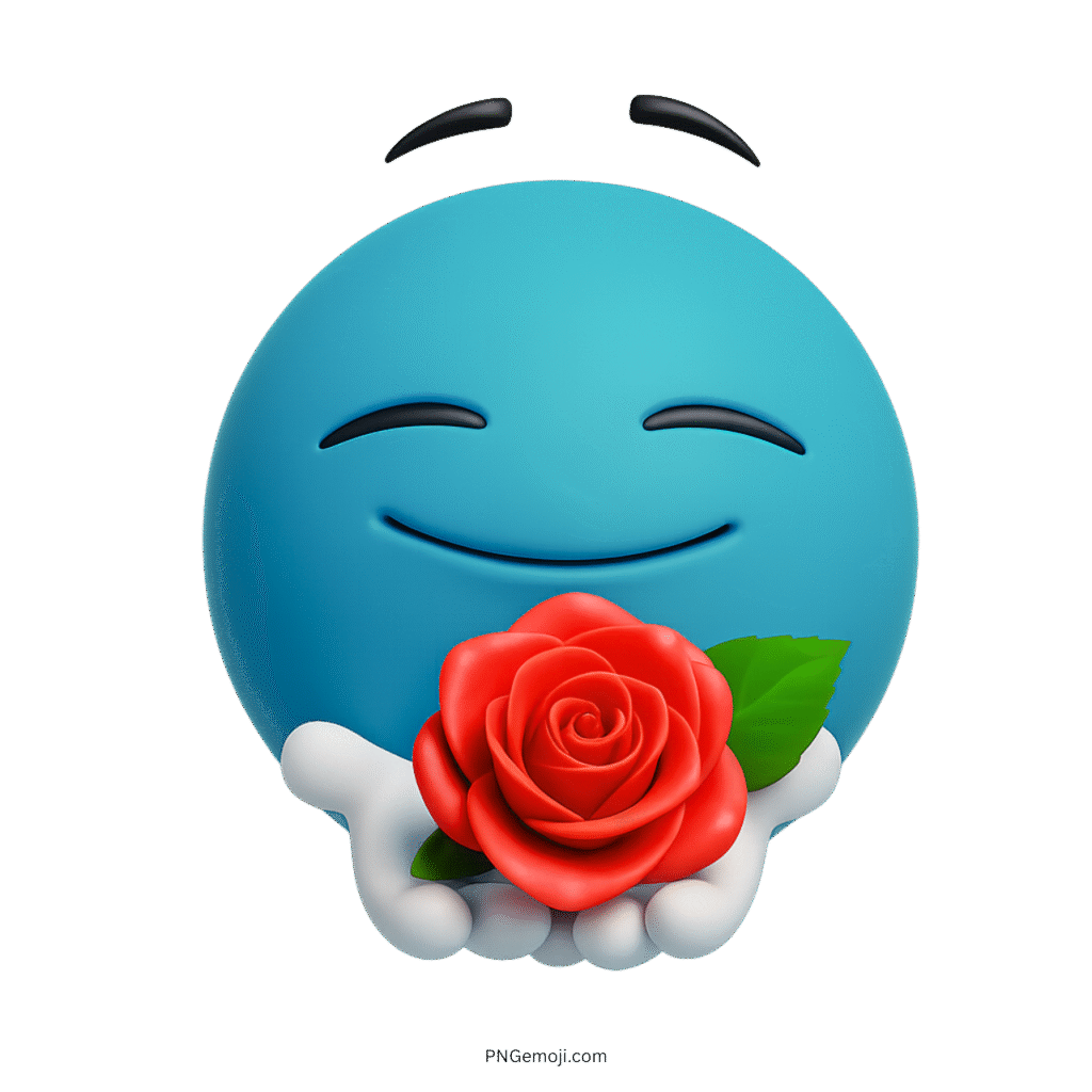 3D sky blue emoji smiling and holding a red rose flower