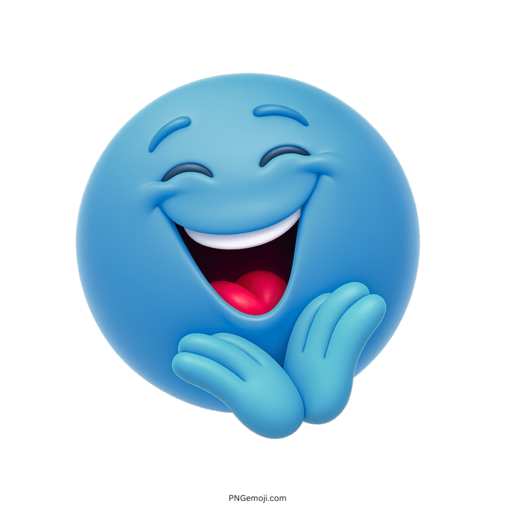 Sky blue funny emoji laughing with joy and holding cheeks with gloved hands