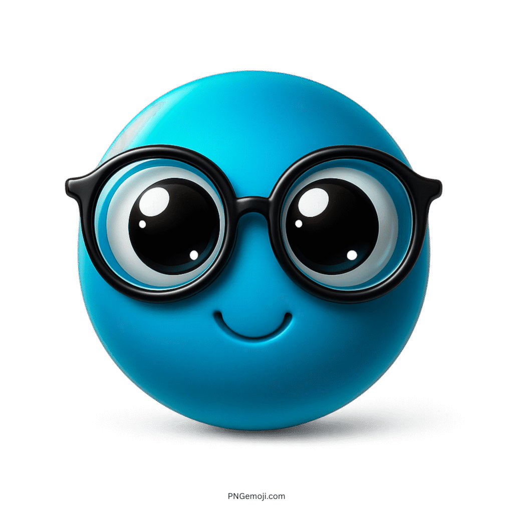 Sky blue emoji face with nerd glasses and shiny expressive cartoon eyes
