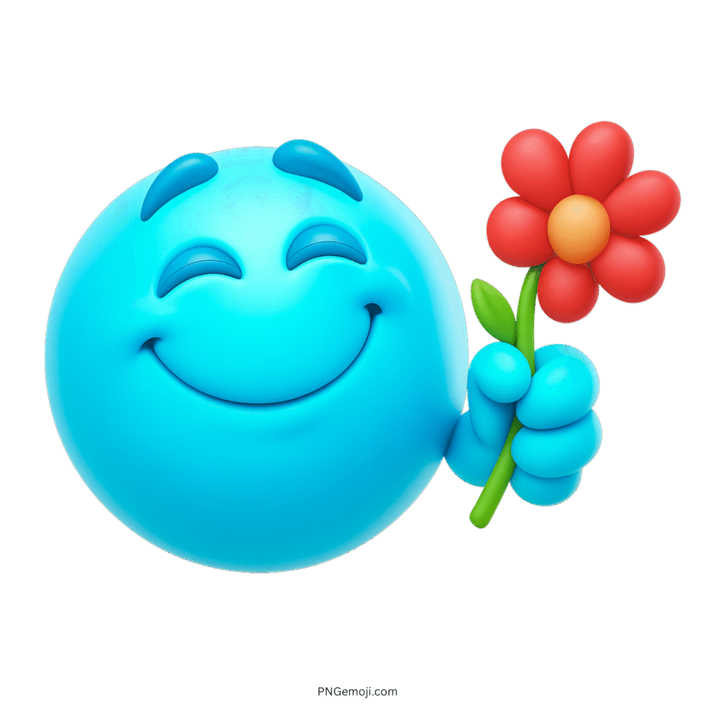 Blue emoji smiling joyfully while holding a red flower in a sweet gesture