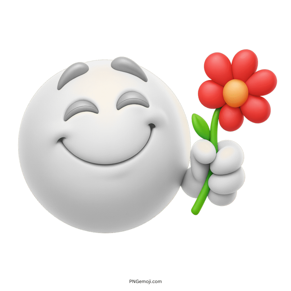 White emoji with closed eyes holding a red flower and smiling warmly.