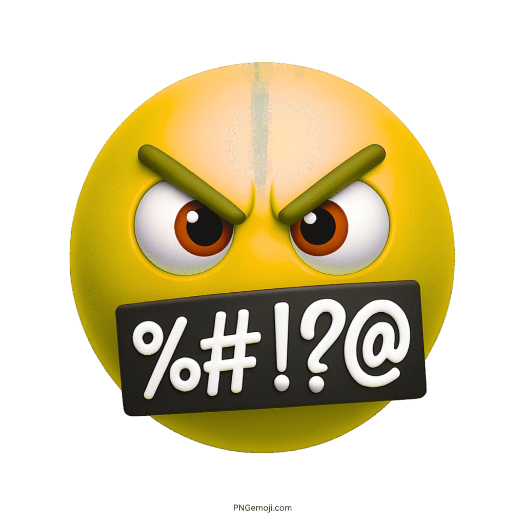 Yellow angry swearing emoji with censored black bar and white expletive symbols