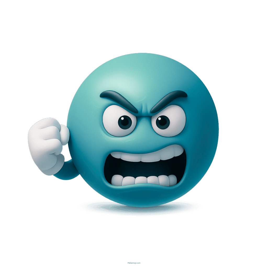 Teal blue 3D angry emoji with clenched fist and furious expression in cartoon style