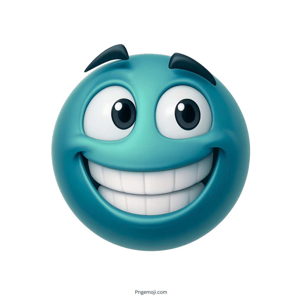 Teal-colored 3D emoji face smiling with big eyes and cheerful raised eyebrows
