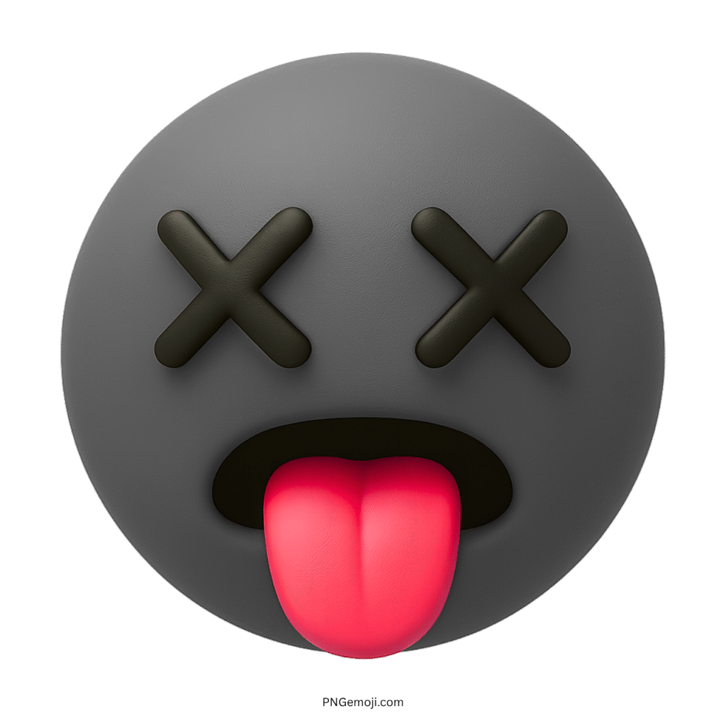 3D tired black emoji with X eyes and red tongue sticking out