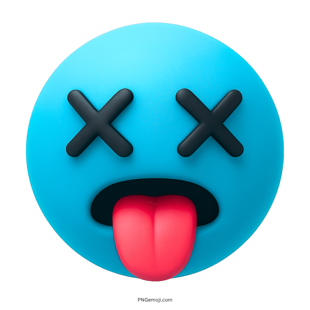 3D tired blue emoji with X eyes and tongue out showing extreme exhaustion