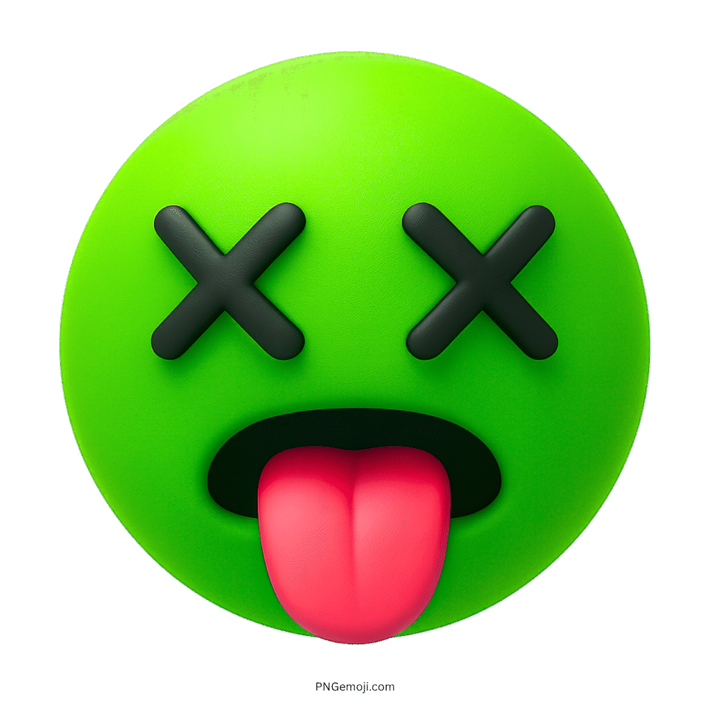 3D green tired emoji with X eyes and red tongue sticking out