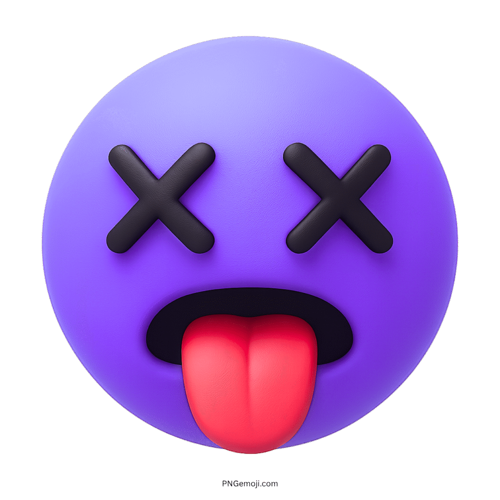 3D tired purple emoji with X eyes and tongue out expressing exhaustion