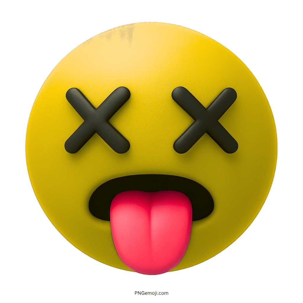 3D yellow emoji with X eyes and tongue out showing tired expression