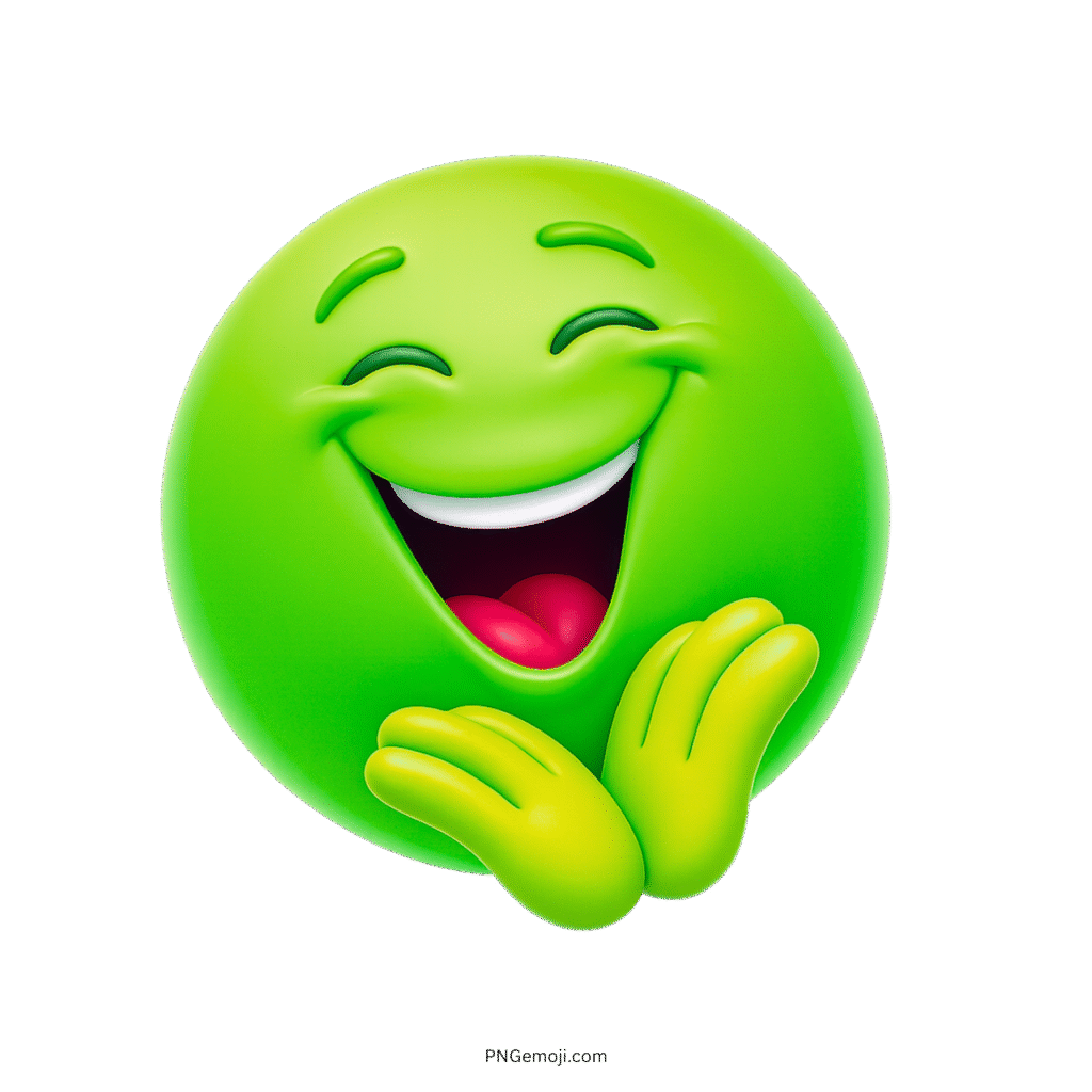 Too funny green emoji laughing with eyes closed and hands under chin