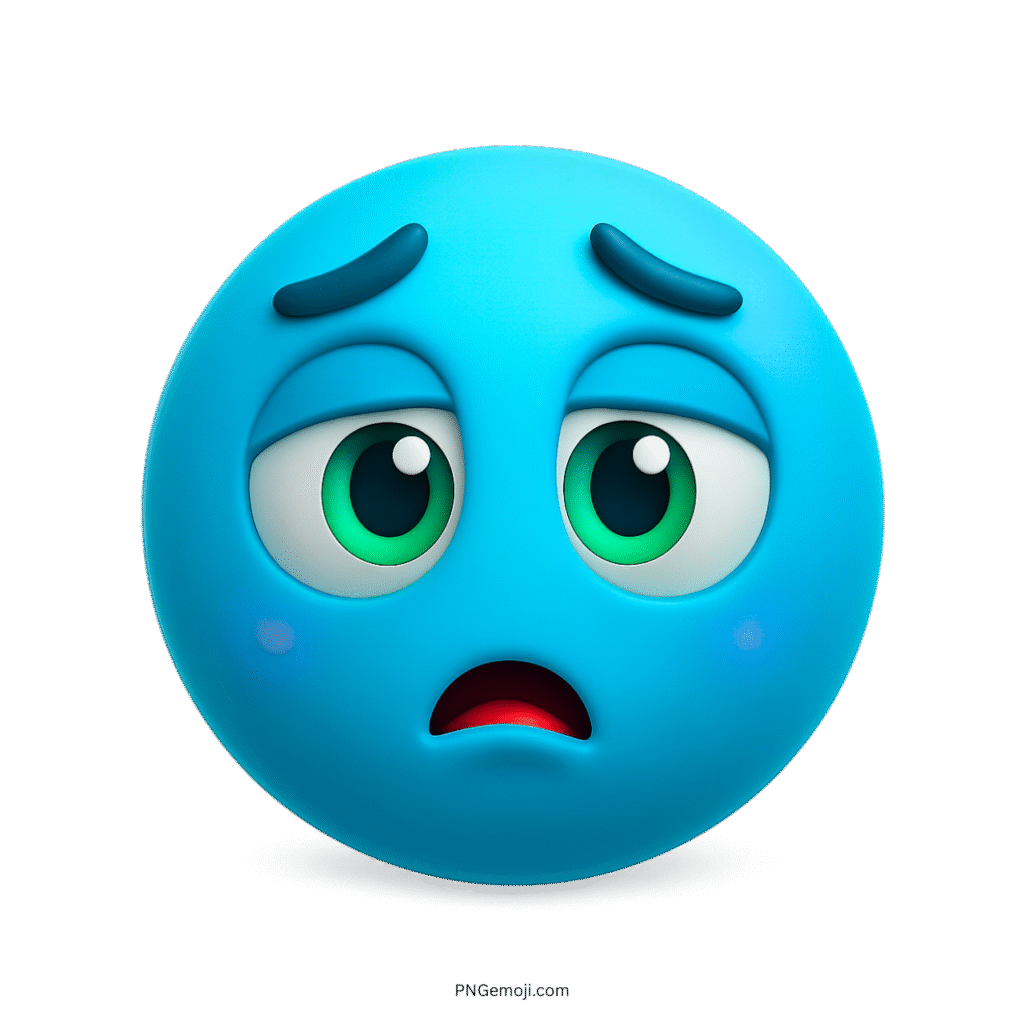 Blue underwhelmed emoji with sad eyes and frowning mouth expression