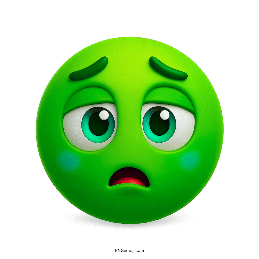Underwhelmed 3D green emoji with tired eyes, drooping mouth and confused sad look