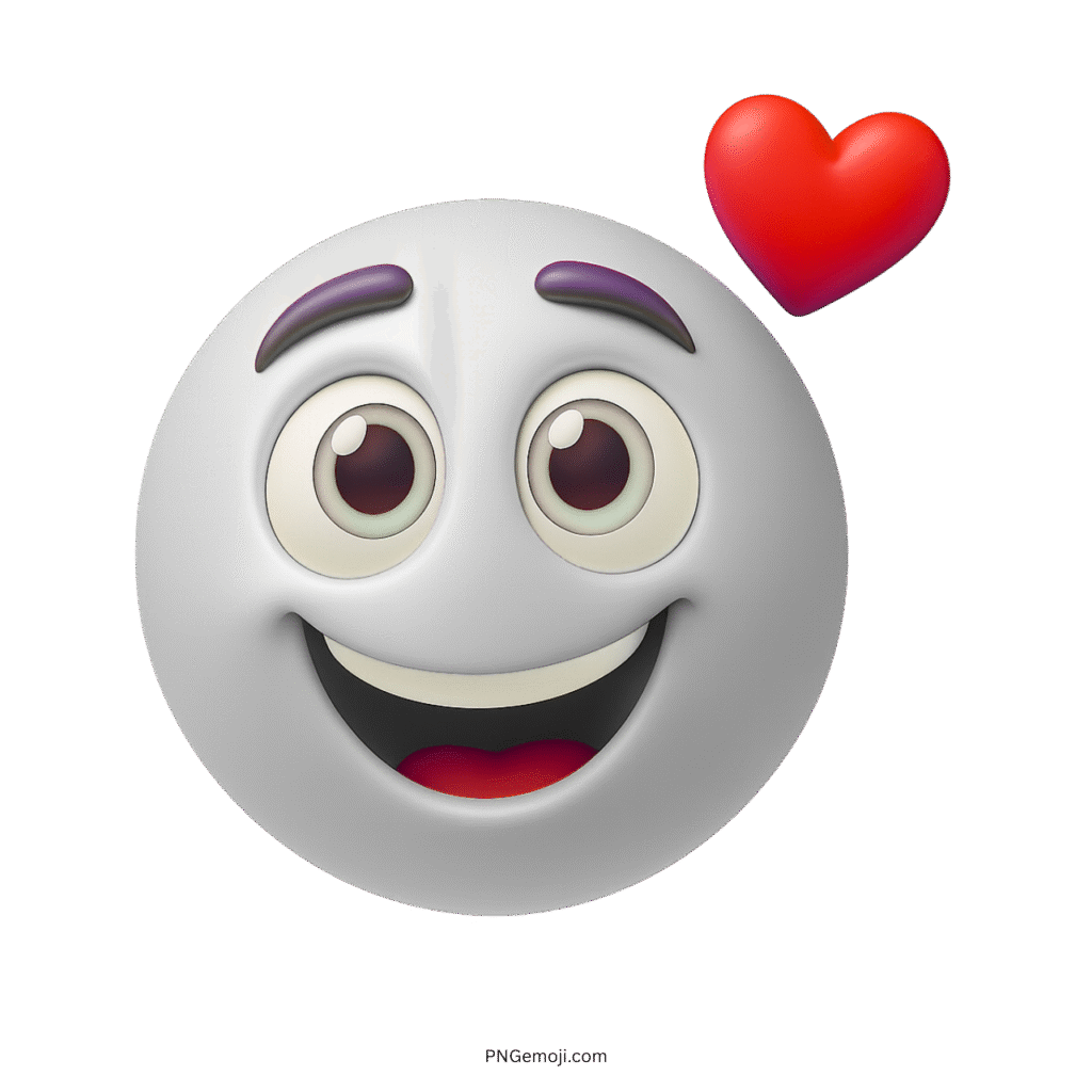 White smiling emoji with big eyes and red heart in 3D cartoon style