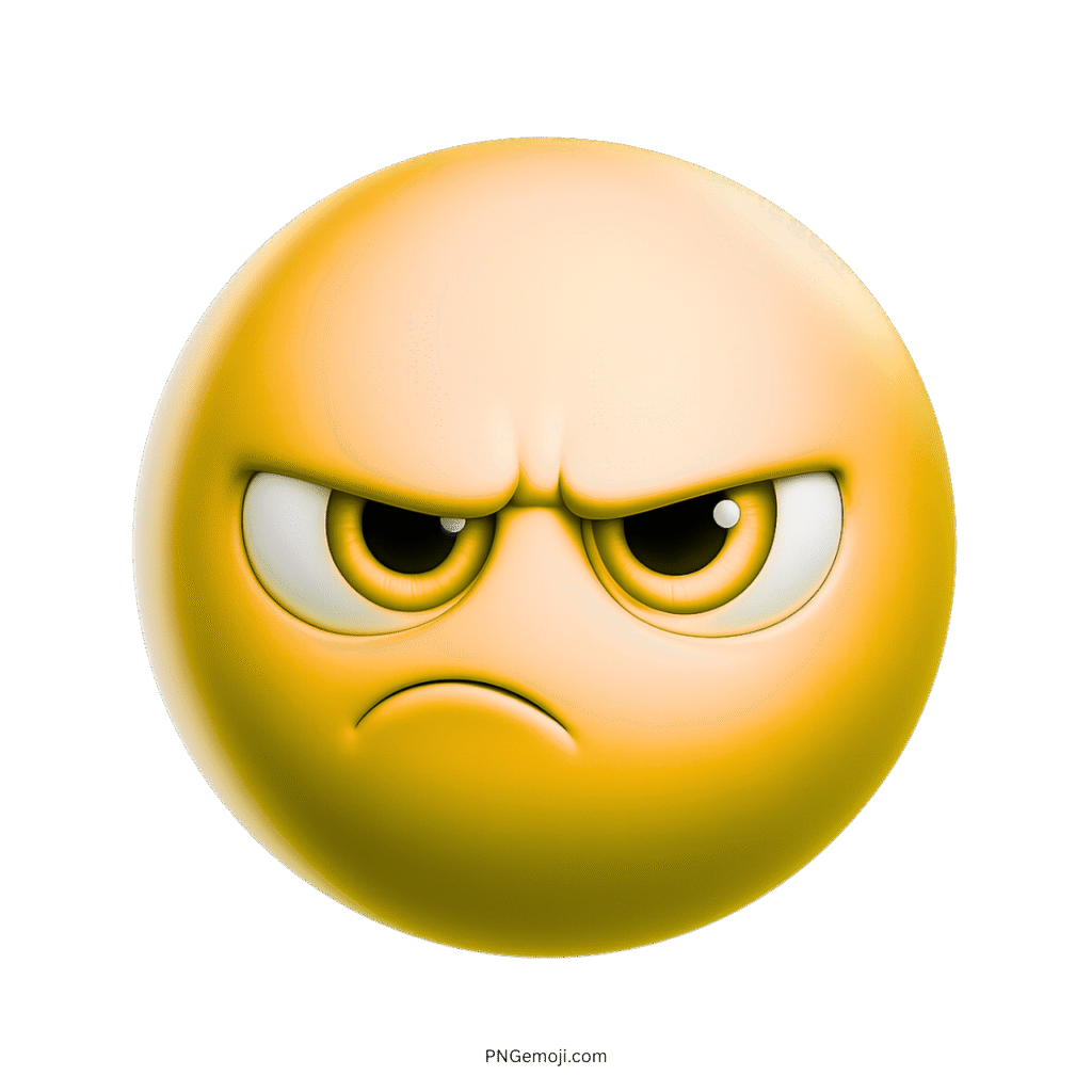 3D yellow emoji with angry face, expressive brows, and emotional stare