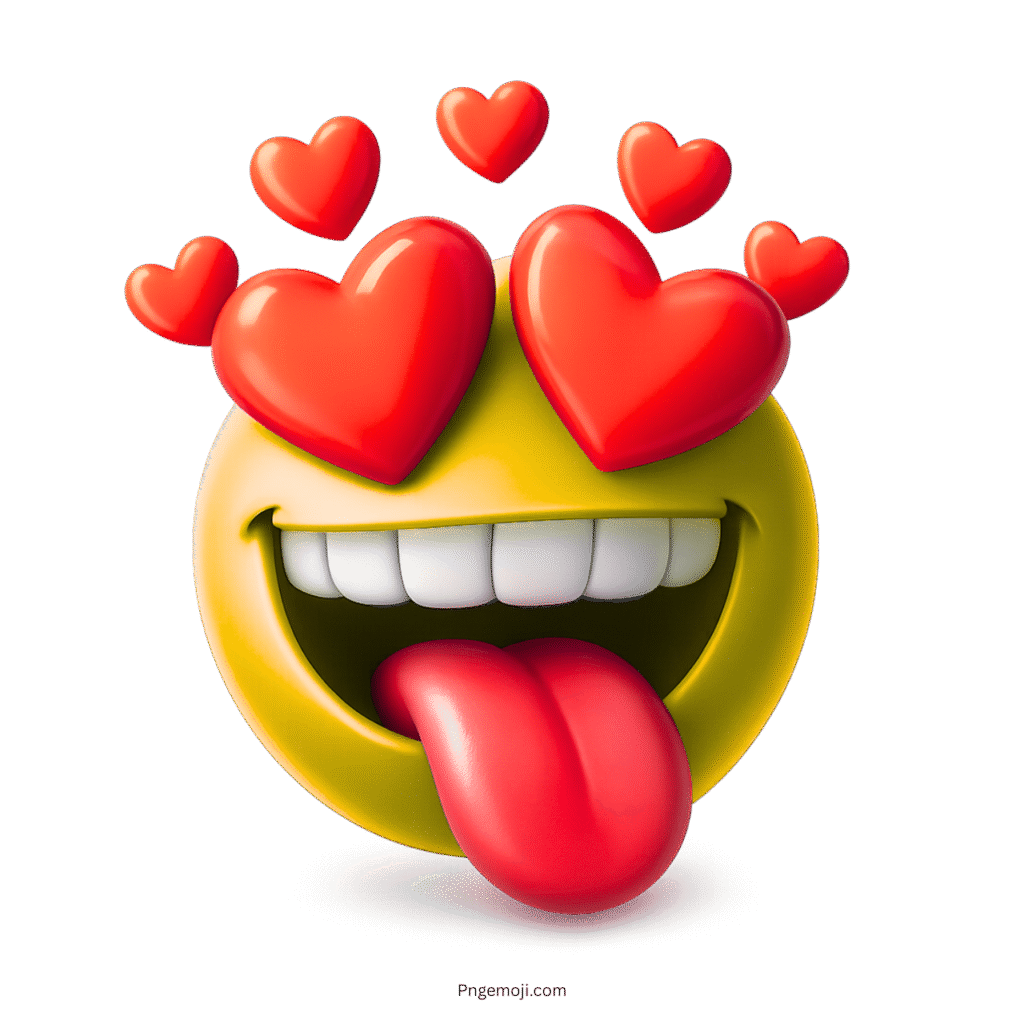 Yellow 3D emoji with red heart eyes and tongue out expressing wild romantic excitement