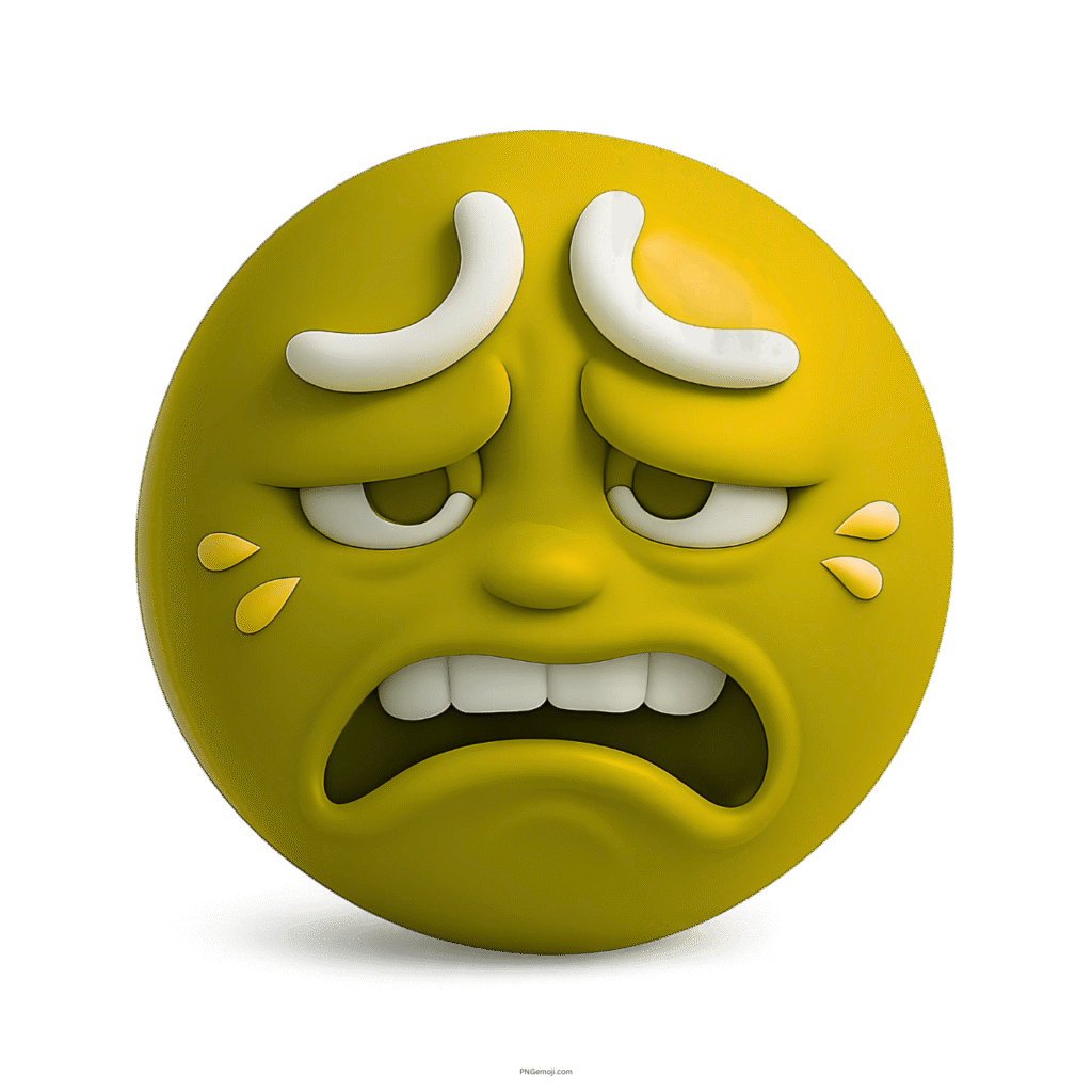 Yellow 3D emoji face with disgusted expression, curved brows, and teardrops