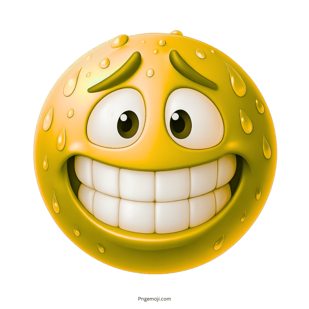 Yellow 3D emoji grinning nervously with sweat drops and expressive anxious eyes