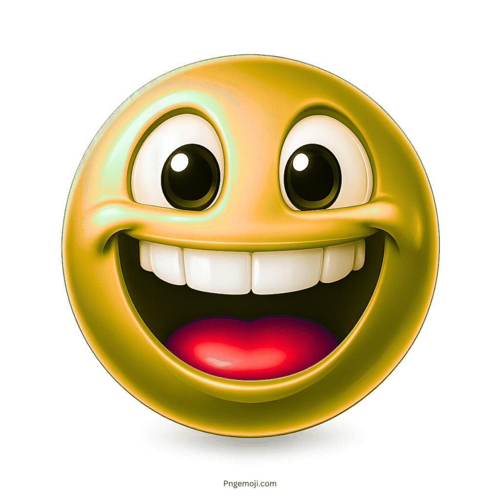 3D yellow emoji with glossy face, big smile, wide eyes, and red tongue