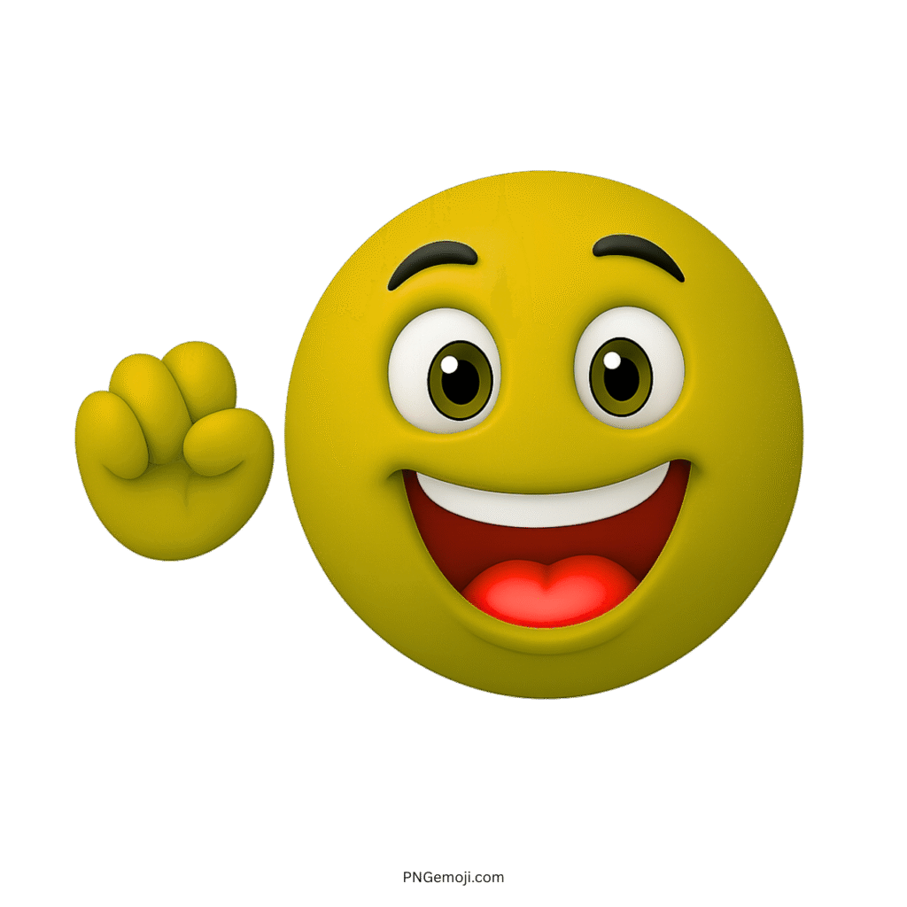 Smiling yellow emoji waving hand with excited expression and cheerful wide open mouth