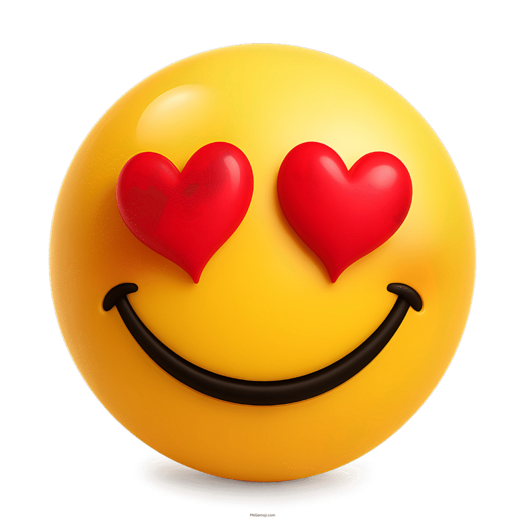 3D yellow smiley emoji with red heart eyes and a wide happy smile
