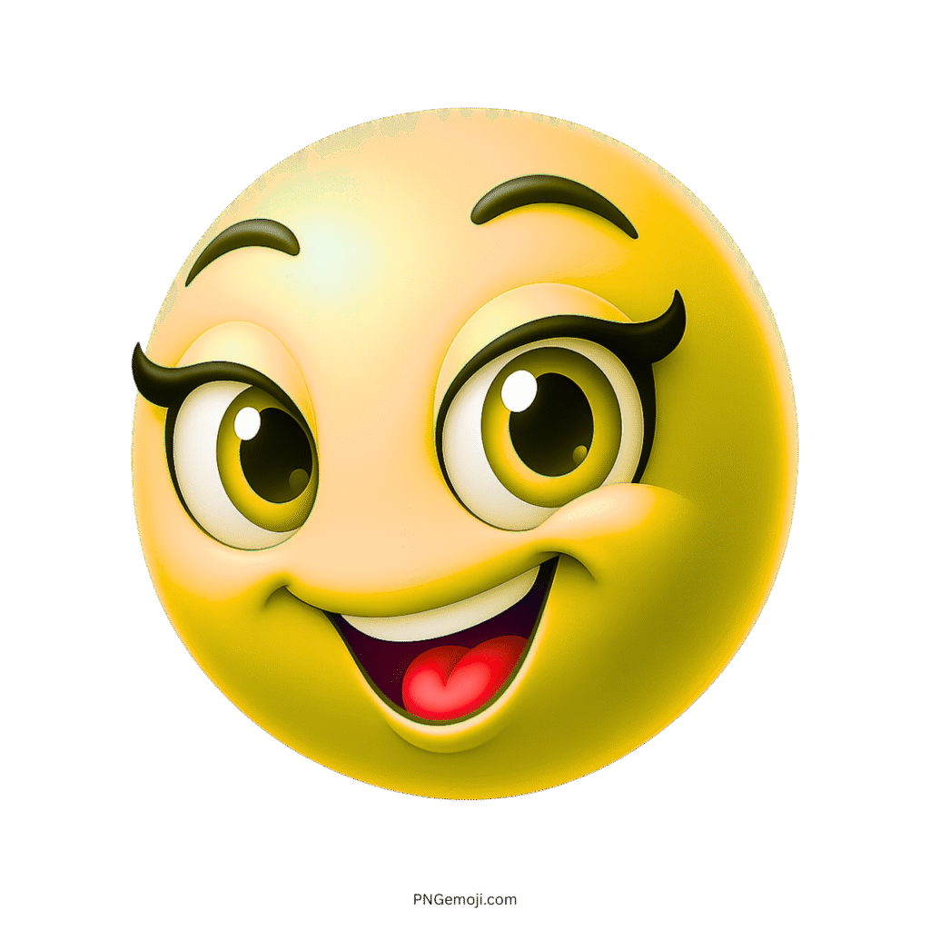 Yellow 3D smiley emoji with large eyes, lashes, and cheerful happy face