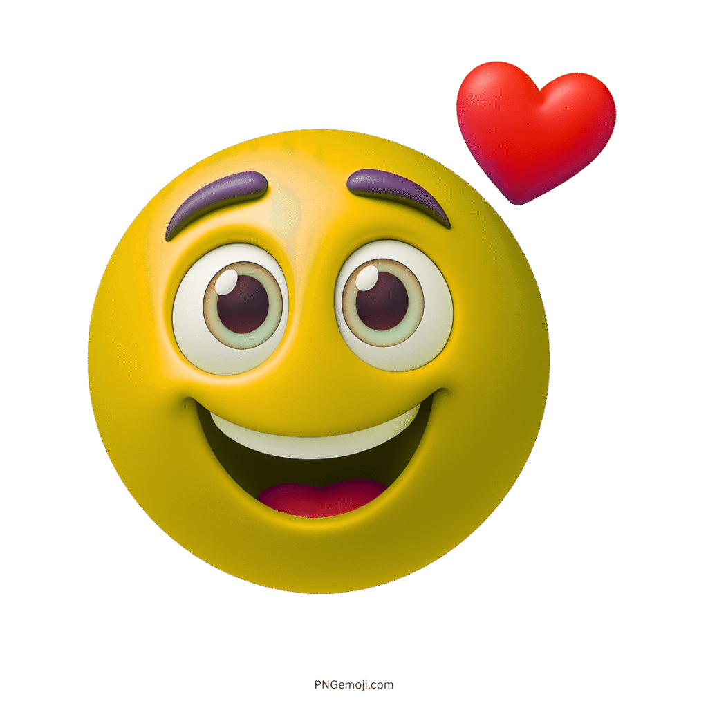 Yellow smiling emoji with red heart, cheerful 3D cartoon style expressing love and joy