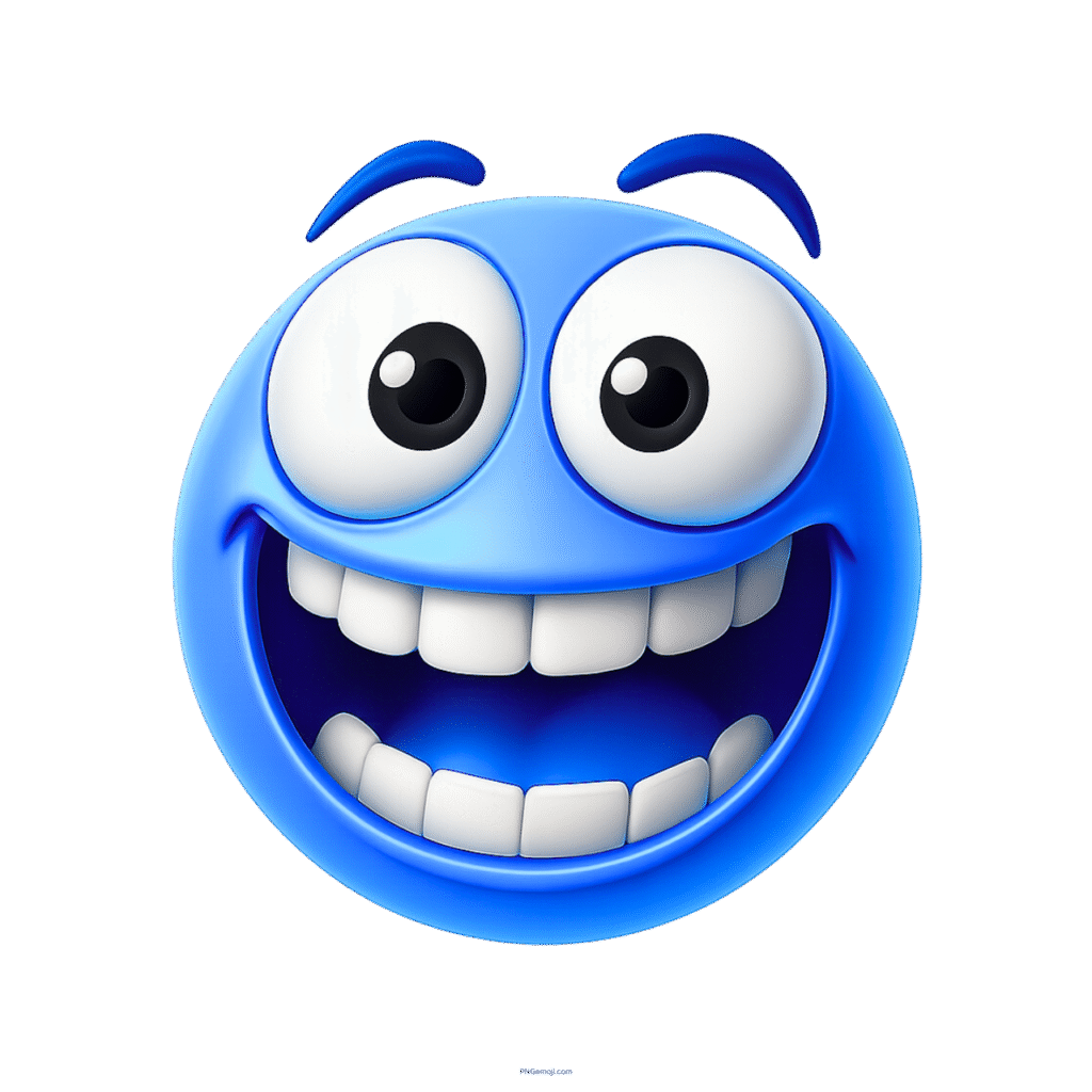 Zany blue emoji with big eyes, wide grin, and silly cartoon expression