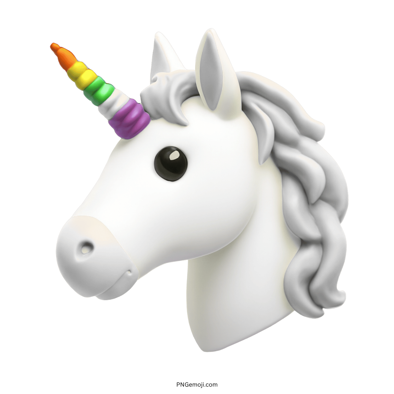 Colorful 3D unicorn emoji with a rainbow horn and white curly mane in transparent background.