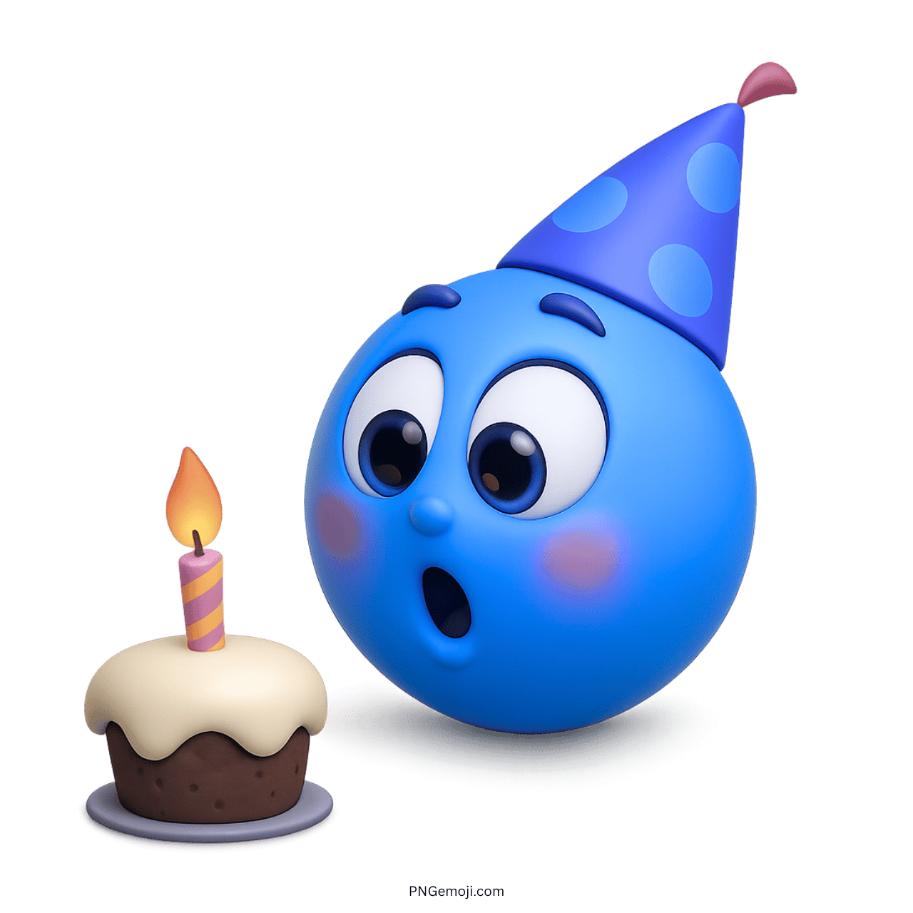 3D blue birthday emoji with party hat, surprised face, cake, and candle