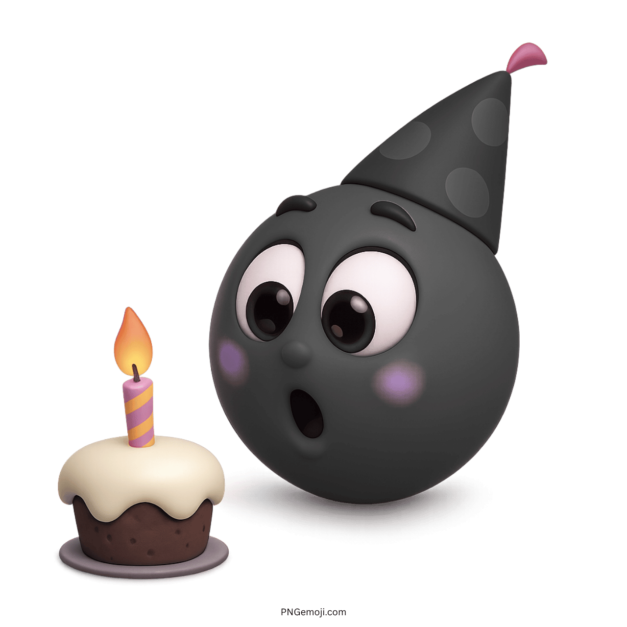 3D black birthday emoji with cake, candle, and dotted party hat