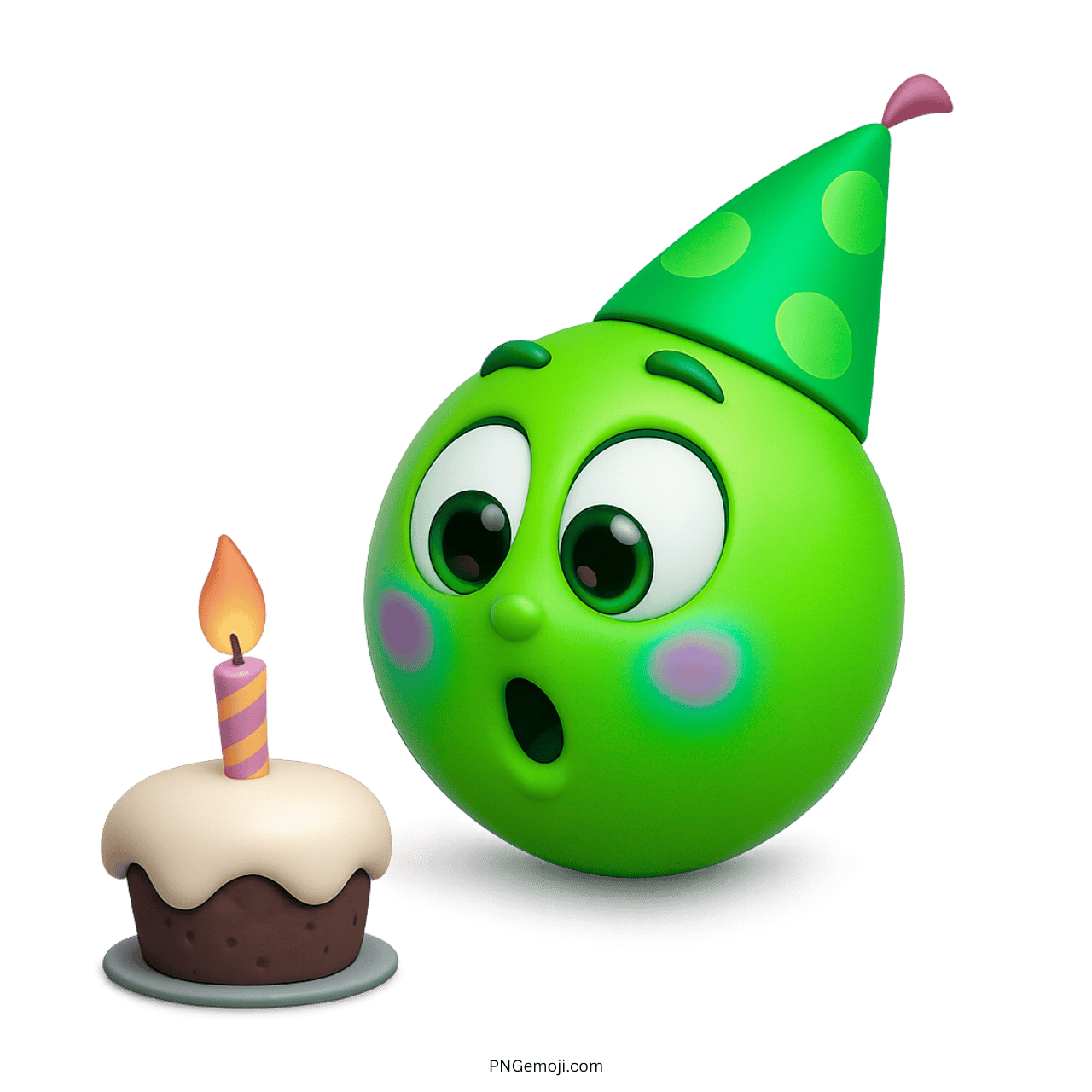 3D green birthday emoji with dotted party hat, cupcake, and candle illustration