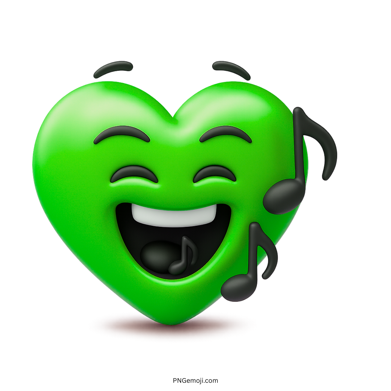 3D green singing heart emoji with floating music notes and smiling happy face