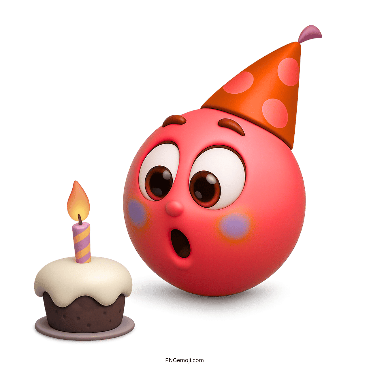 3D pink birthday emoji with orange party hat, chocolate cupcake, and candle