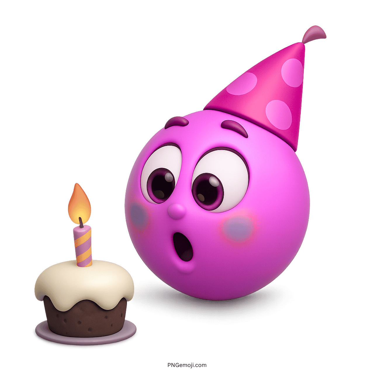3D purple birthday emoji with pink party hat, cupcake, and candle illustration
