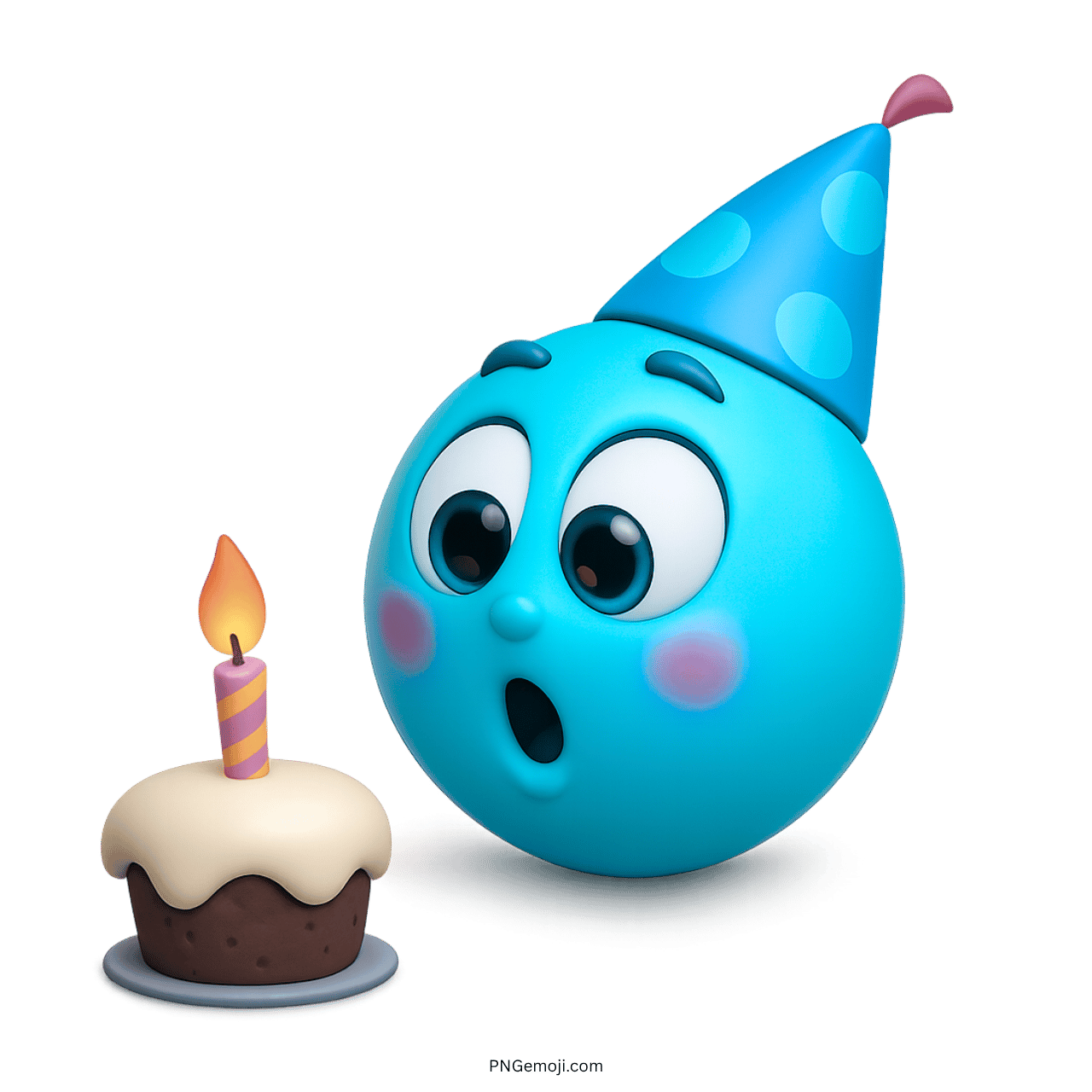 3D sky blue birthday emoji with polka-dot party hat and cupcake candle
