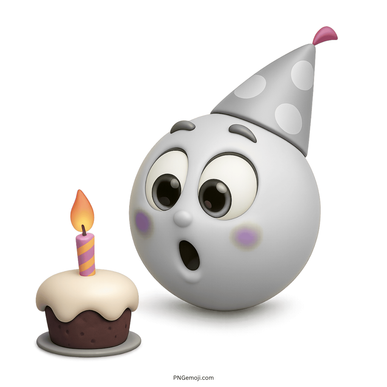 3D white birthday emoji with grey party hat and cupcake topped with candle